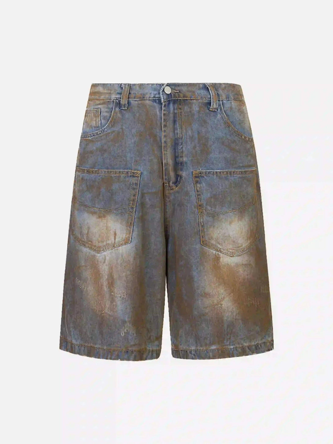 Front view of blue wide-leg denim jorts by TALISHKO, showcasing a unique wasteland style.