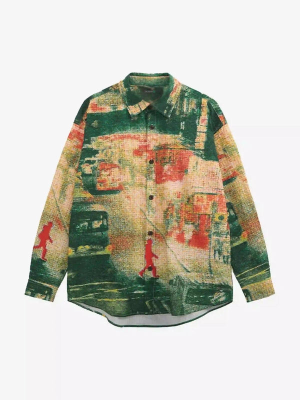Front view of a TALISHKO green seersucker shirt featuring a vibrant, abstract print.