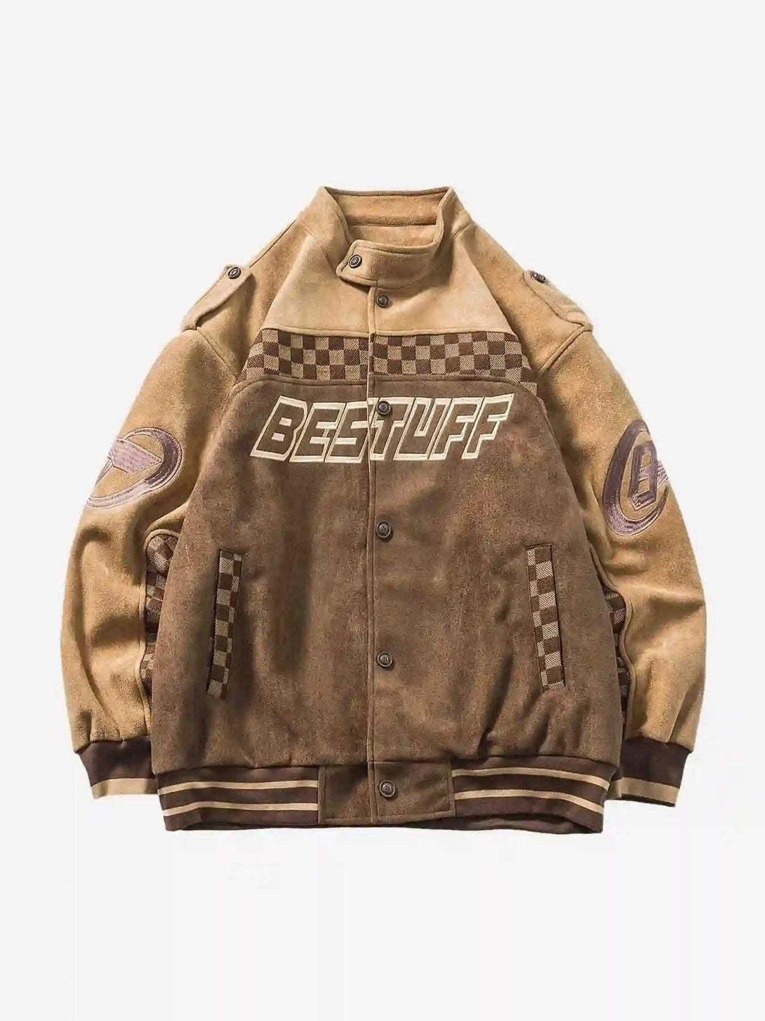 Front view of a brown vintage checkerboard patchwork jacket by TALISHKO, ideal for casual style.