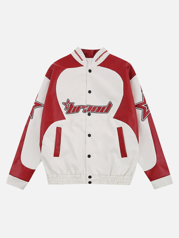 Front view of a red and white colorblock leather jacket by TALISHKO, featuring bold graphics.
