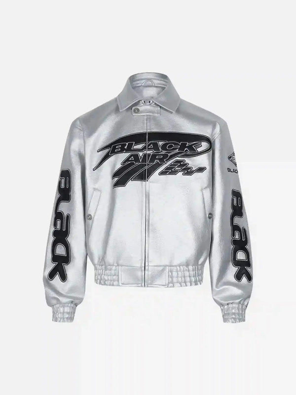 Silver PU leather jacket by TALISHKO, front view, showcasing bold graphic design.