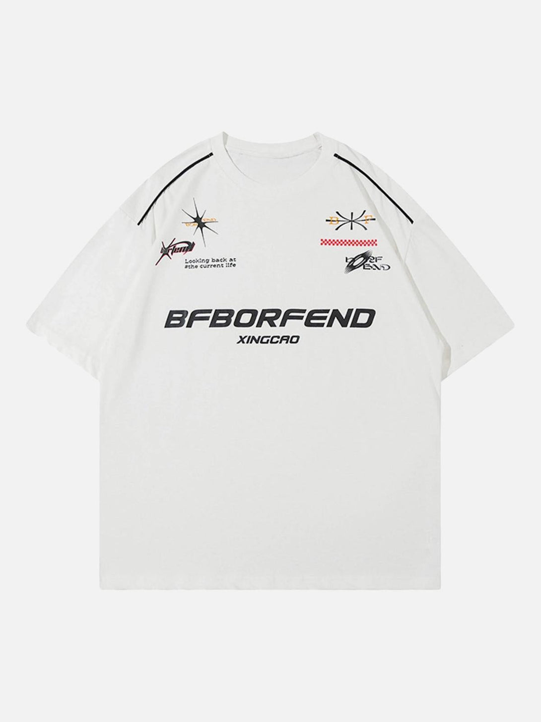 Front view of a white American Vintage T-shirt featuring graphic designs by TALISHKO.