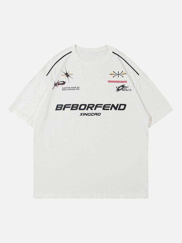 Front view of a white American Vintage T-shirt featuring graphic designs by TALISHKO.