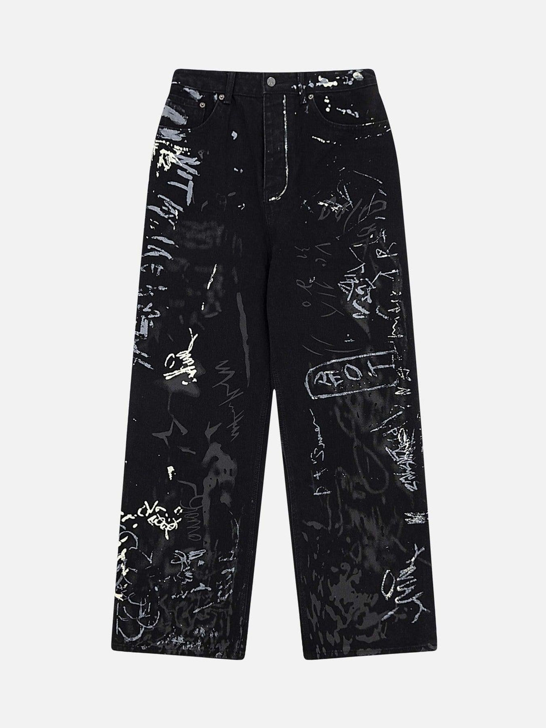 Front view of black graffiti print jeans by TALISHKO, featuring a bold, artistic design.