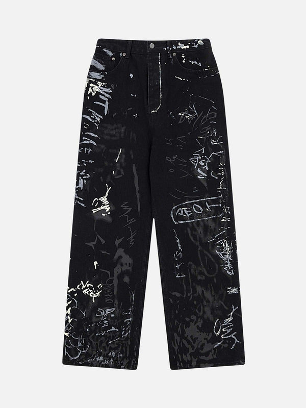 Front view of black graffiti print jeans by TALISHKO, featuring a bold, artistic design.
