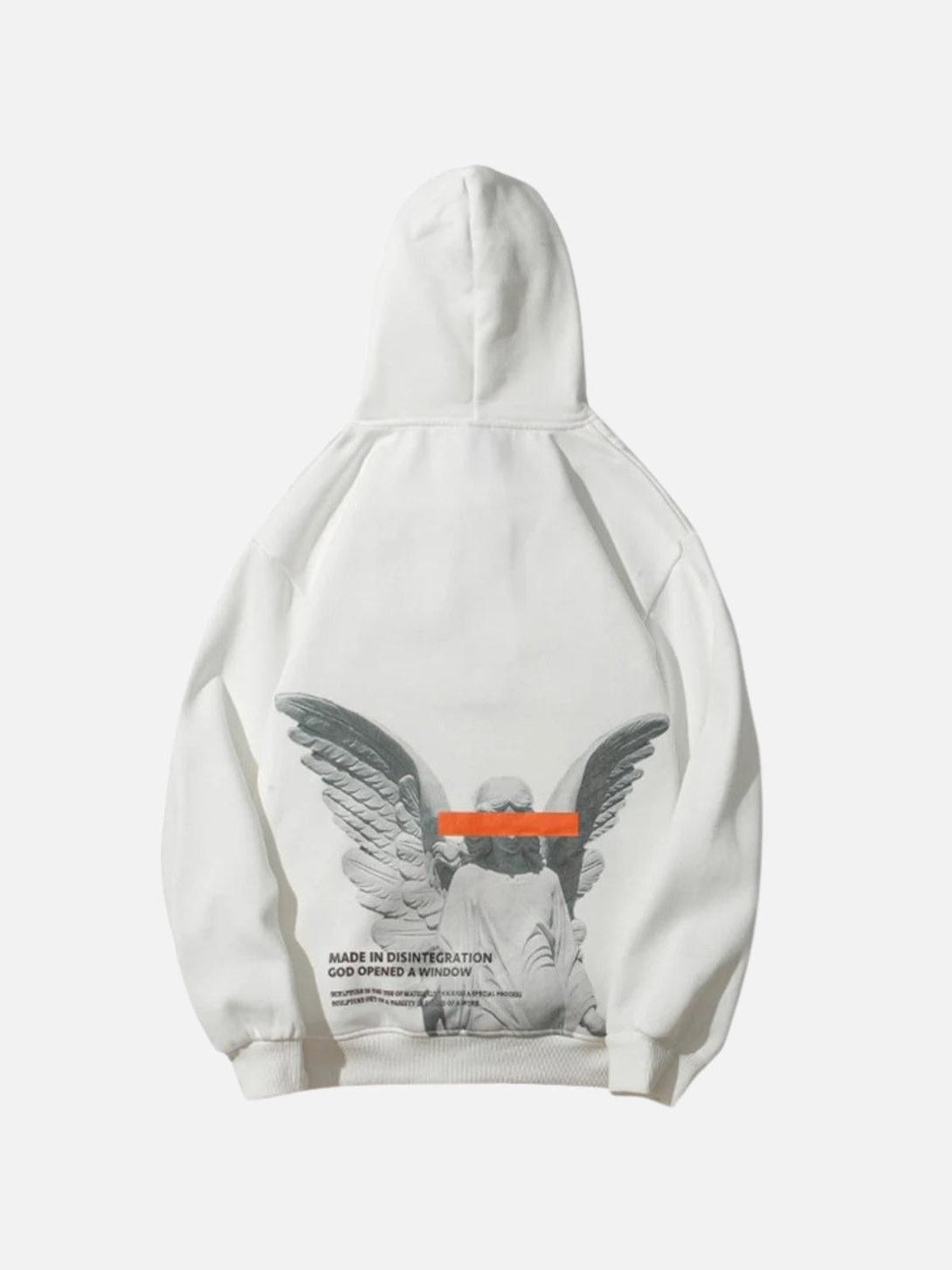 White hoodie with angel graphic on the back by TALISHKO, ideal for urban style enthusiasts.