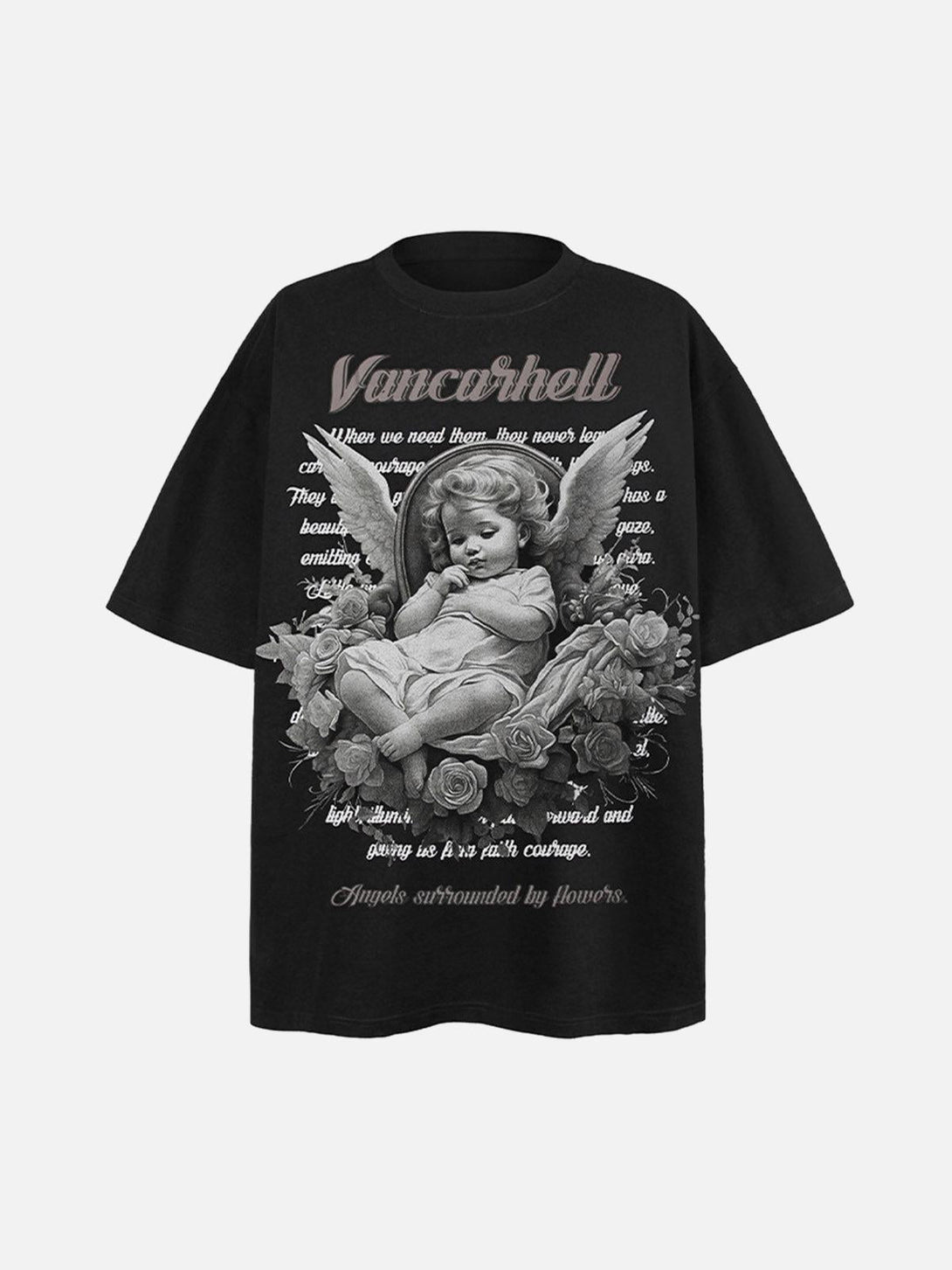 Front view of a black oversized T-shirt by TALISHKO with an angel print and floral accents.