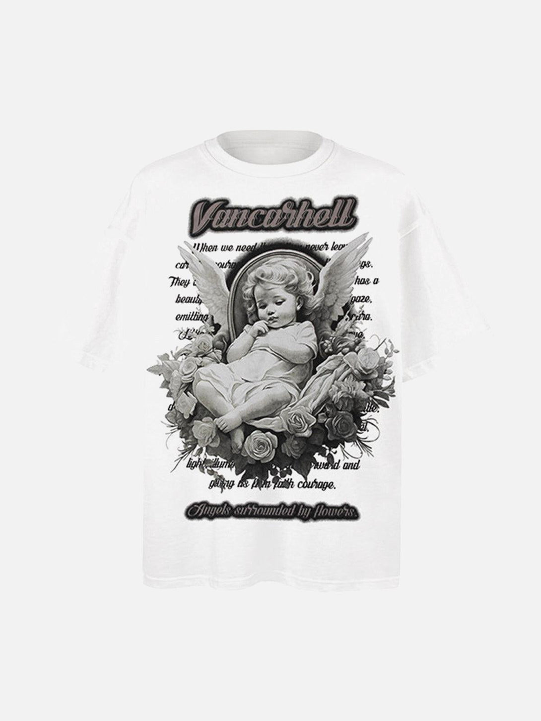 Front view of a white angel print oversized T-shirt by TALISHKO, featuring floral details.