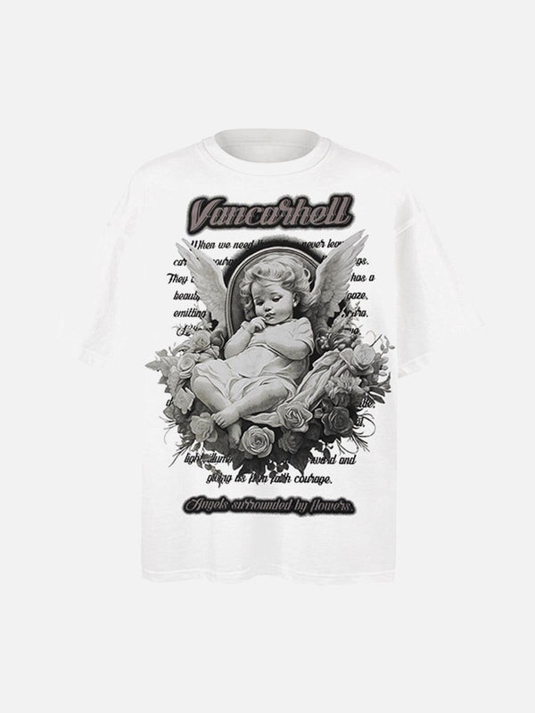 Front view of a white angel print oversized T-shirt by TALISHKO, featuring floral details.