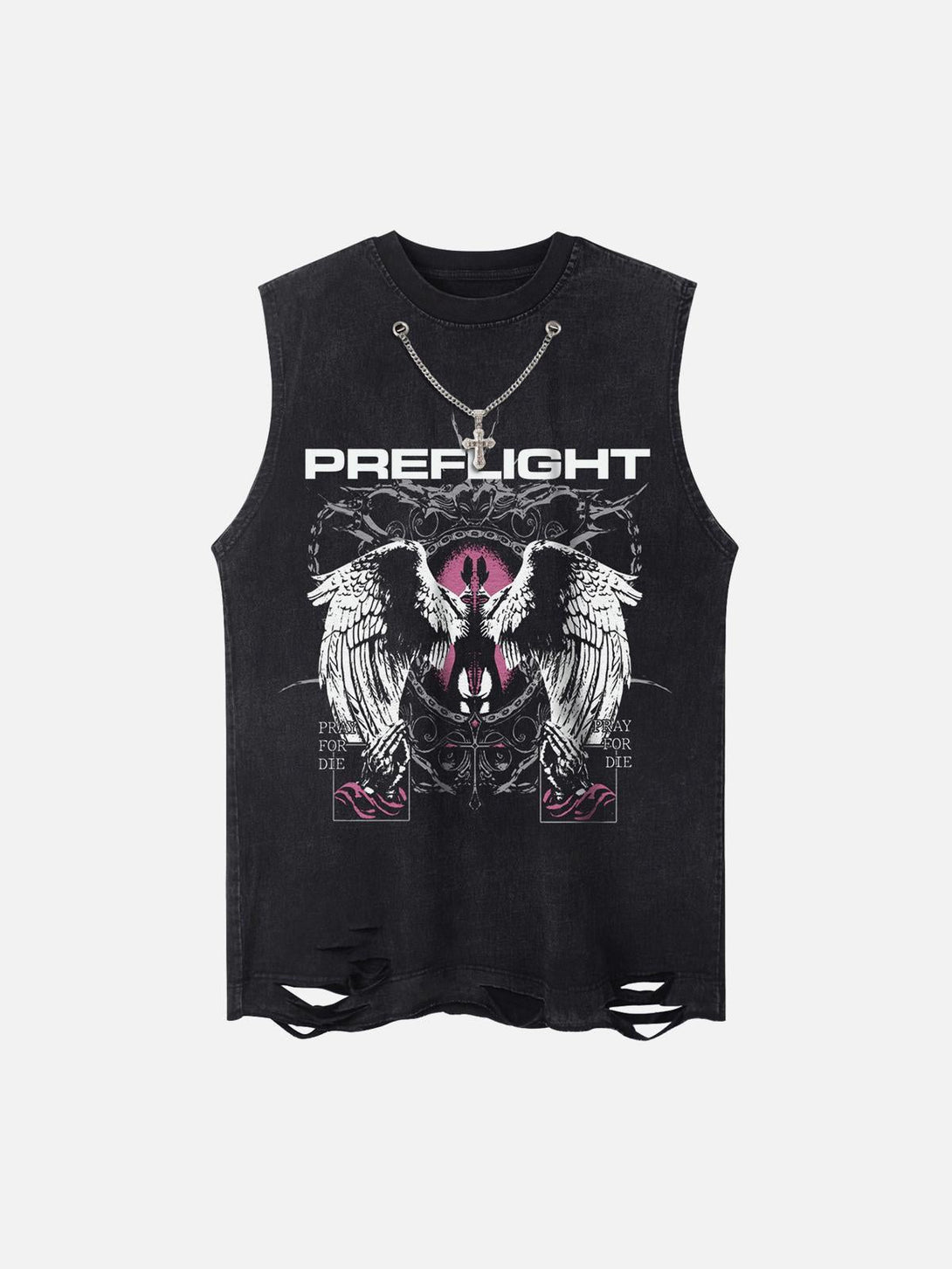 Front view of black street rap vest by TALISHKO with angel wings design and distressed hem.