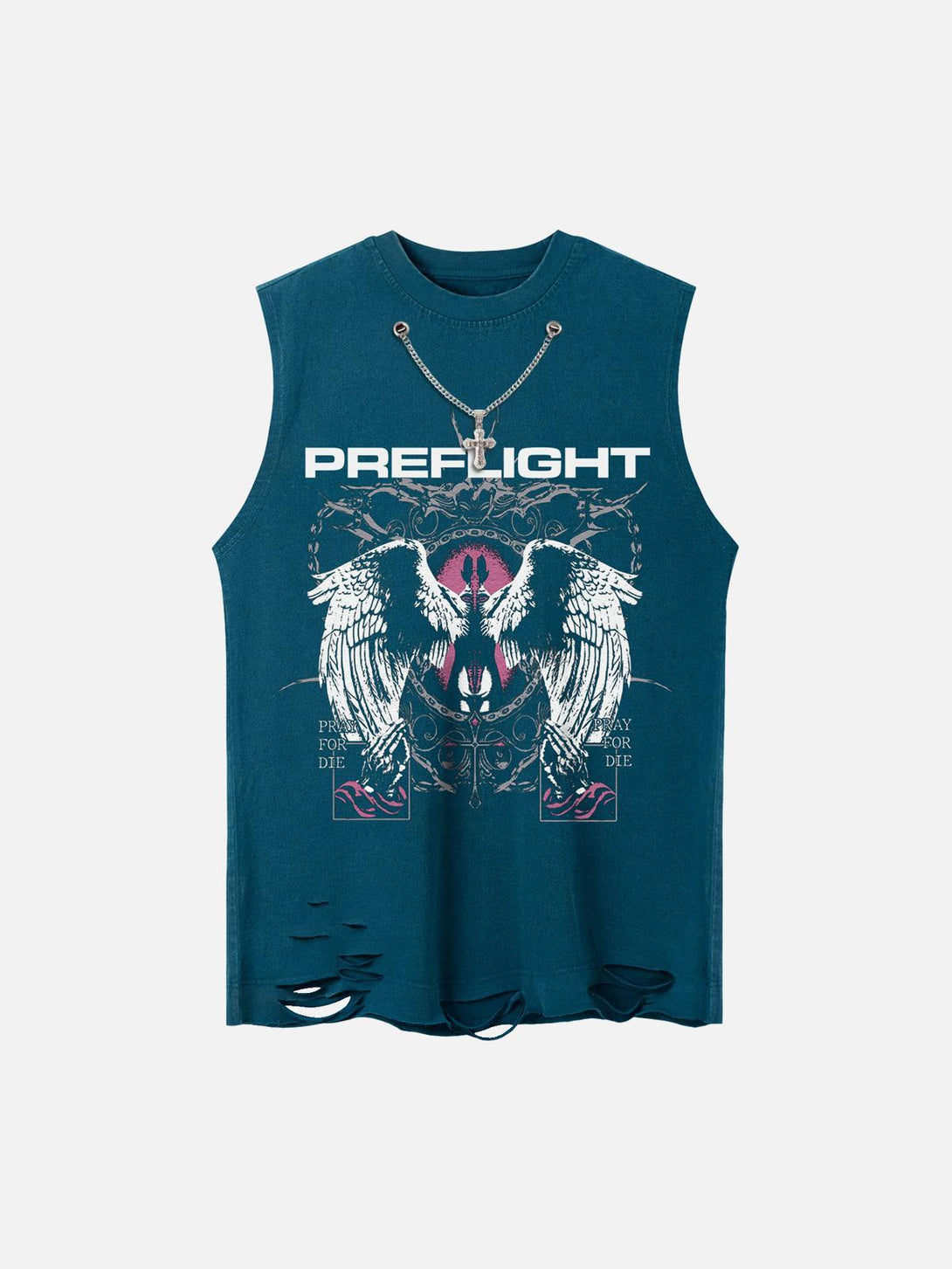 Blue street rap vest by TALISHKO featuring angel wings design and distressed hem, front view.