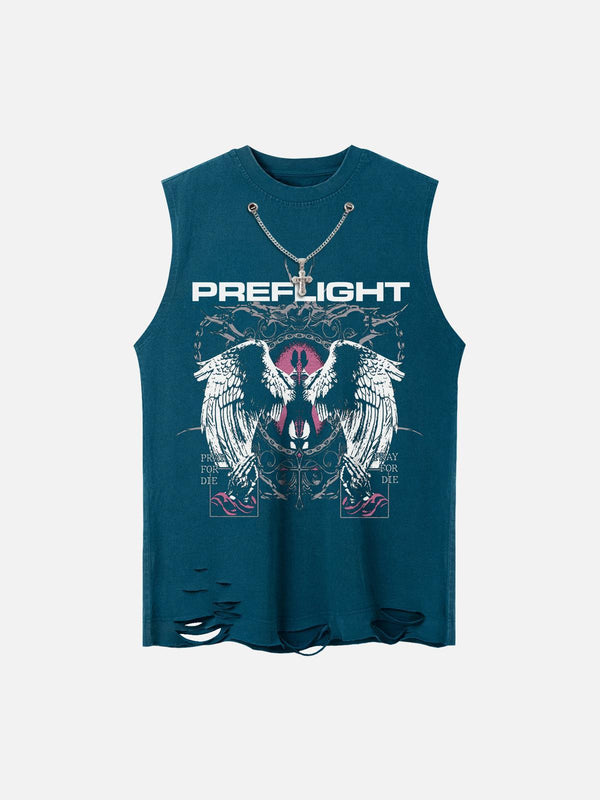 Blue street rap vest by TALISHKO featuring angel wings design and distressed hem, front view.
