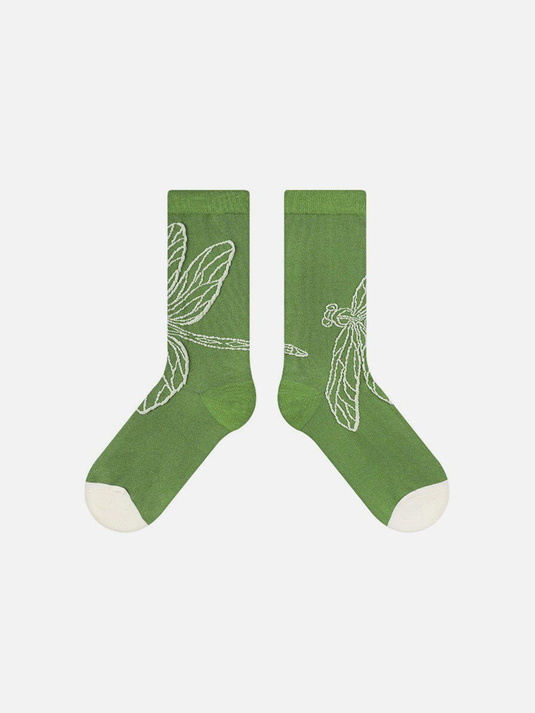 Green mid-calf socks with dragonfly design, front view, by TALISHKO, perfect for a trendy look.