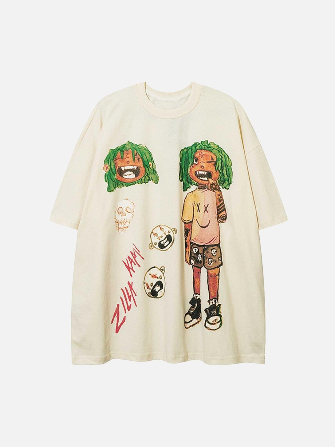 Front view of a beige anime character printed T-shirt by TALISHKO with bold, artistic graphics.
