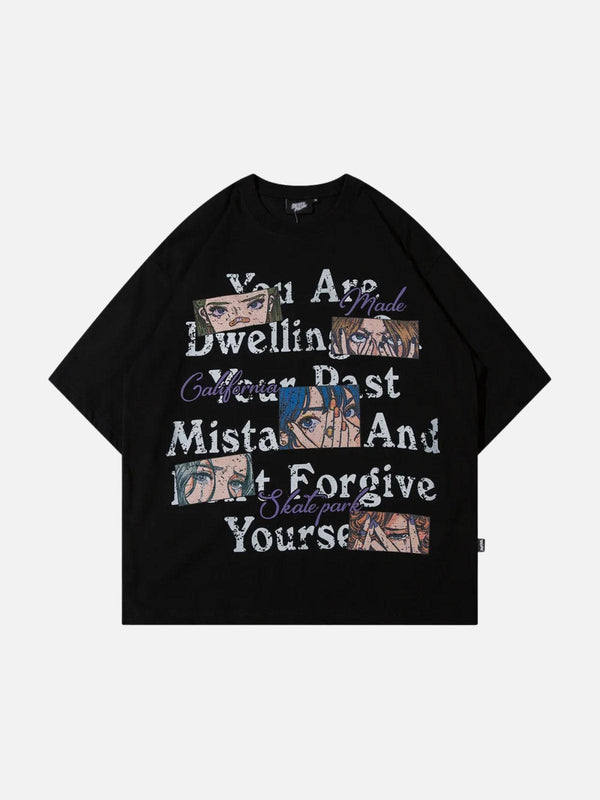 Front view of a black anime eyes tee by TALISHKO, featuring bold graphic text design.