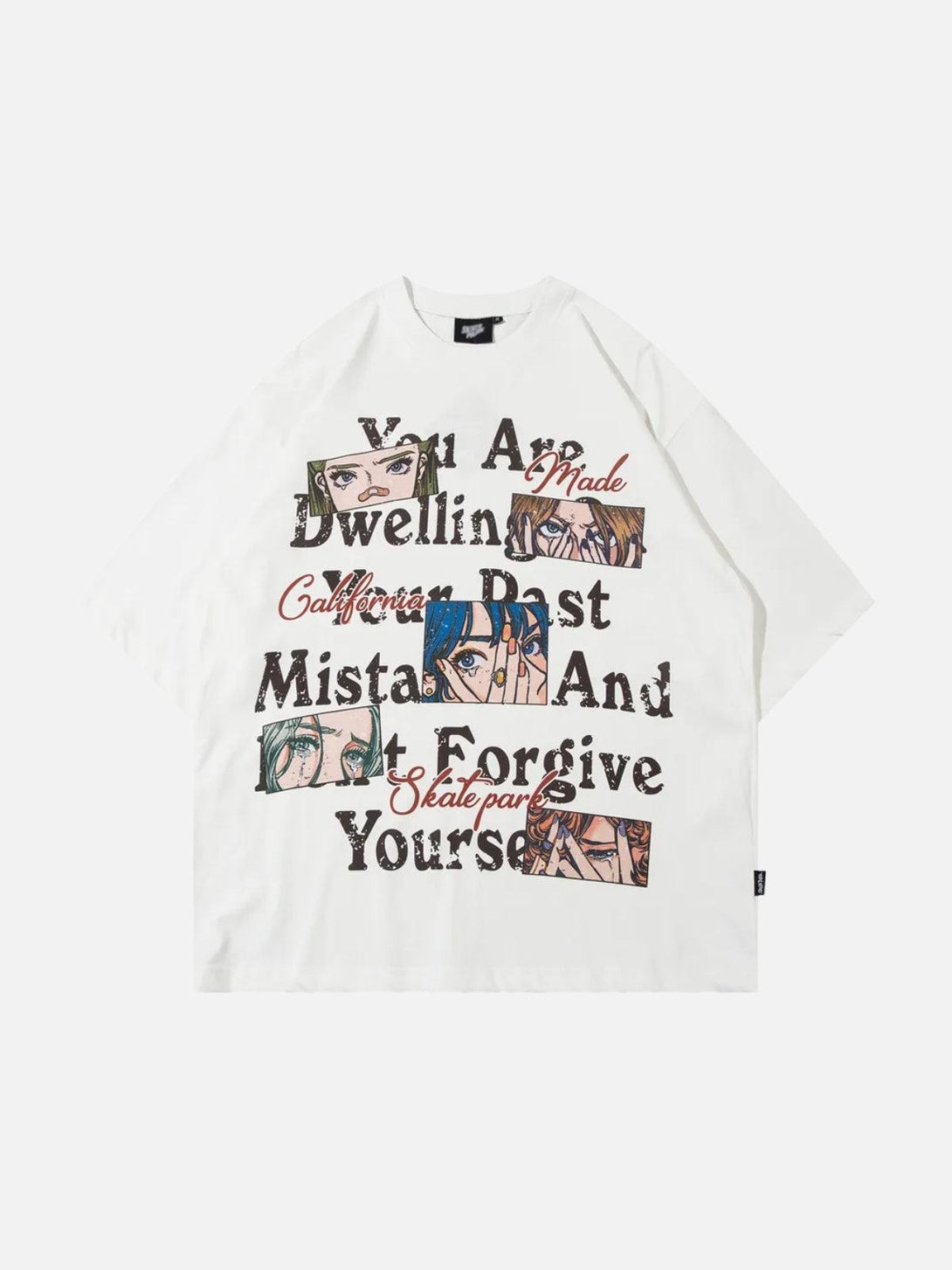 Front view of a white anime eyes tee by TALISHKO, featuring bold graphics and text design.