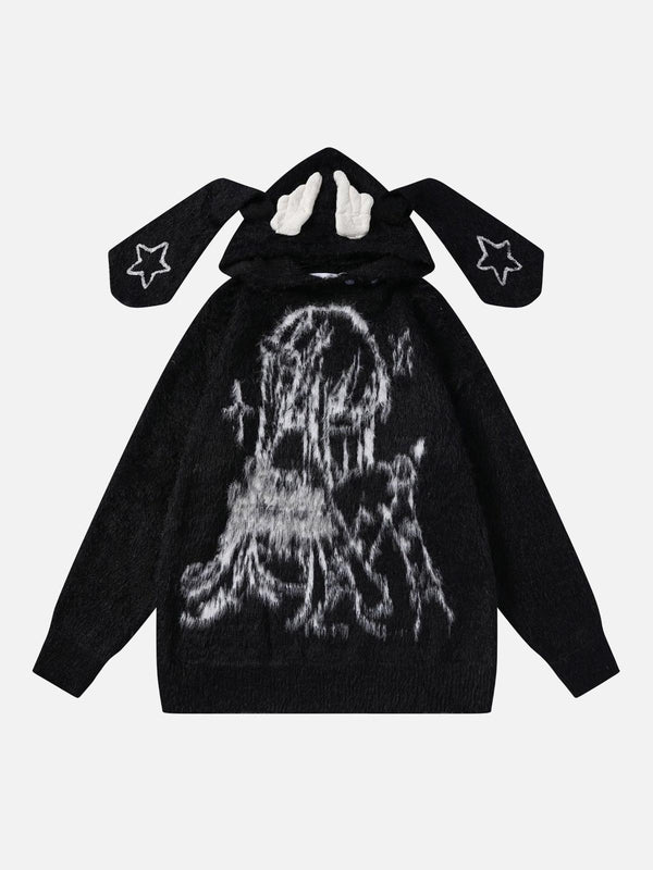 Front view of a black anime seahorse fur hoodie by TALISHKO with unique star details.