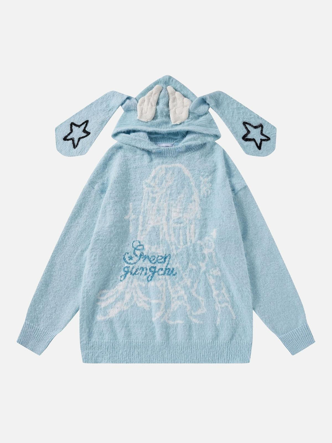 Front view of a blue anime seahorse fur hoodie by TALISHKO, featuring playful star accents.