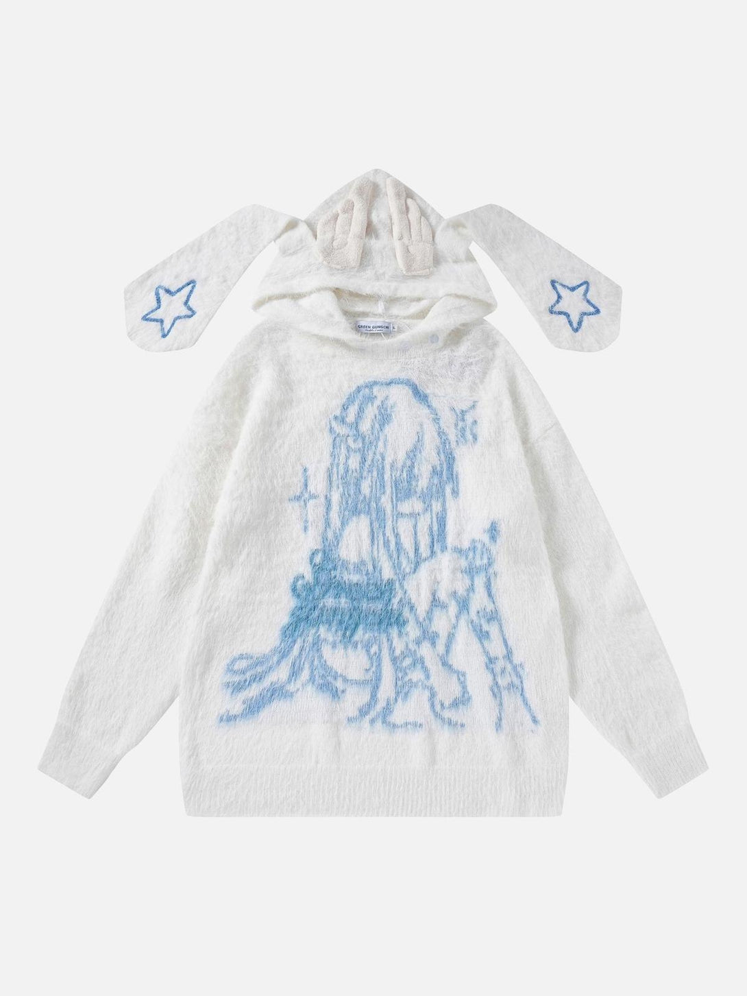 Front view of a white anime seahorse fur hoodie by TALISHKO, featuring playful star accents.