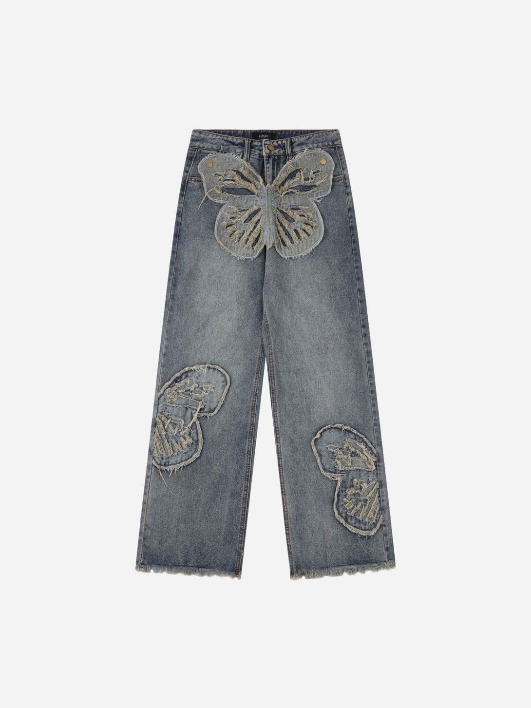 Front view of blue TALISHKO jeans with butterfly appliqué detailing, embodying urban style.