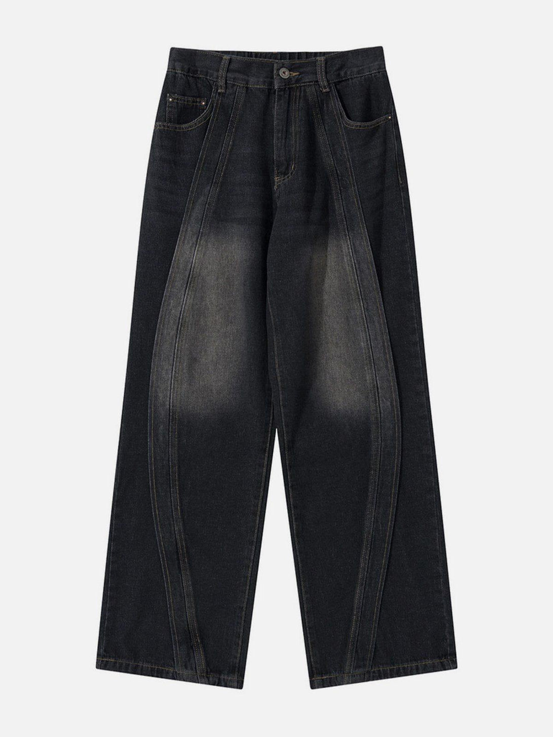 Front view of TALISHKO arc patchwork jeans in black, featuring a distinct wide-leg design.