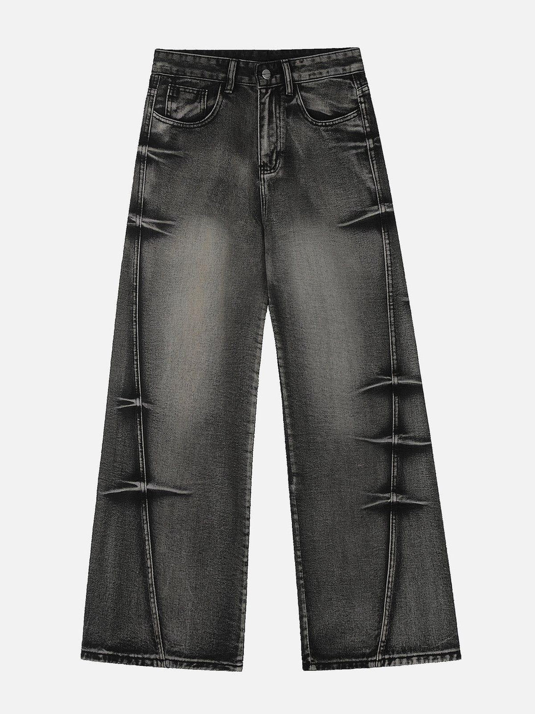 Front view of TALISHKO black arc-stitched jeans, highlighting a unique and relaxed fit.