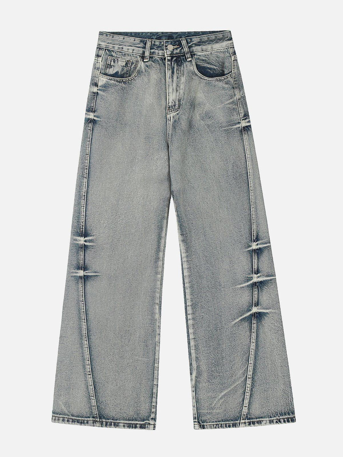Front view of TALISHKO blue arc-stitched washed jeans, highlighting relaxed street style.