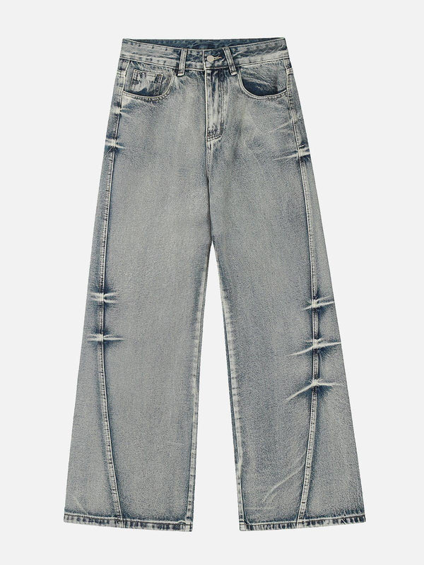 Front view of TALISHKO blue arc-stitched washed jeans, highlighting relaxed street style.