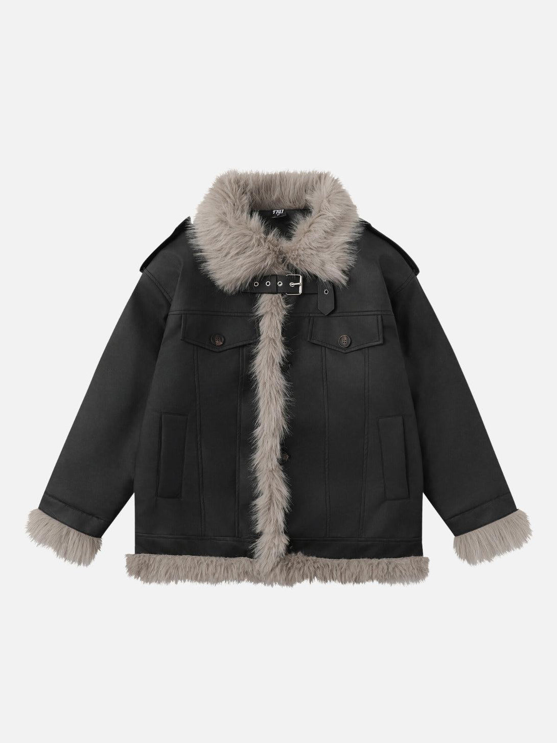 Front view of black Arctic Luxe Jacket by TALISHKO, featuring chic faux fur trim accents.