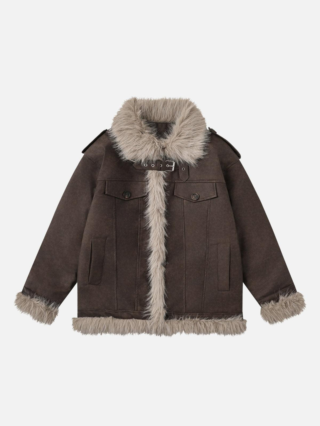 Front view of brown Arctic Luxe Jacket by TALISHKO, featuring faux fur trim for urban style.