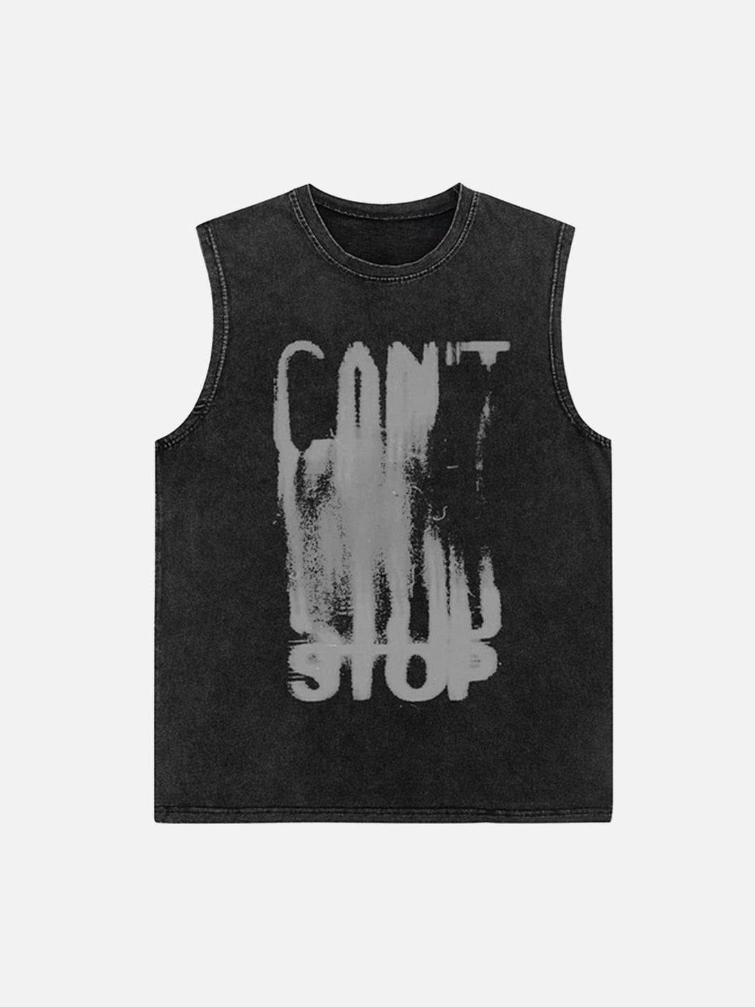 Black vest featuring distressed art lettering, front view design by TALISHKO, perfect for casual wear.