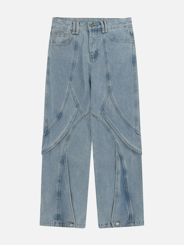 Front view of blue artistic cut jeans by TALISHKO, showcasing unique streetwear design.