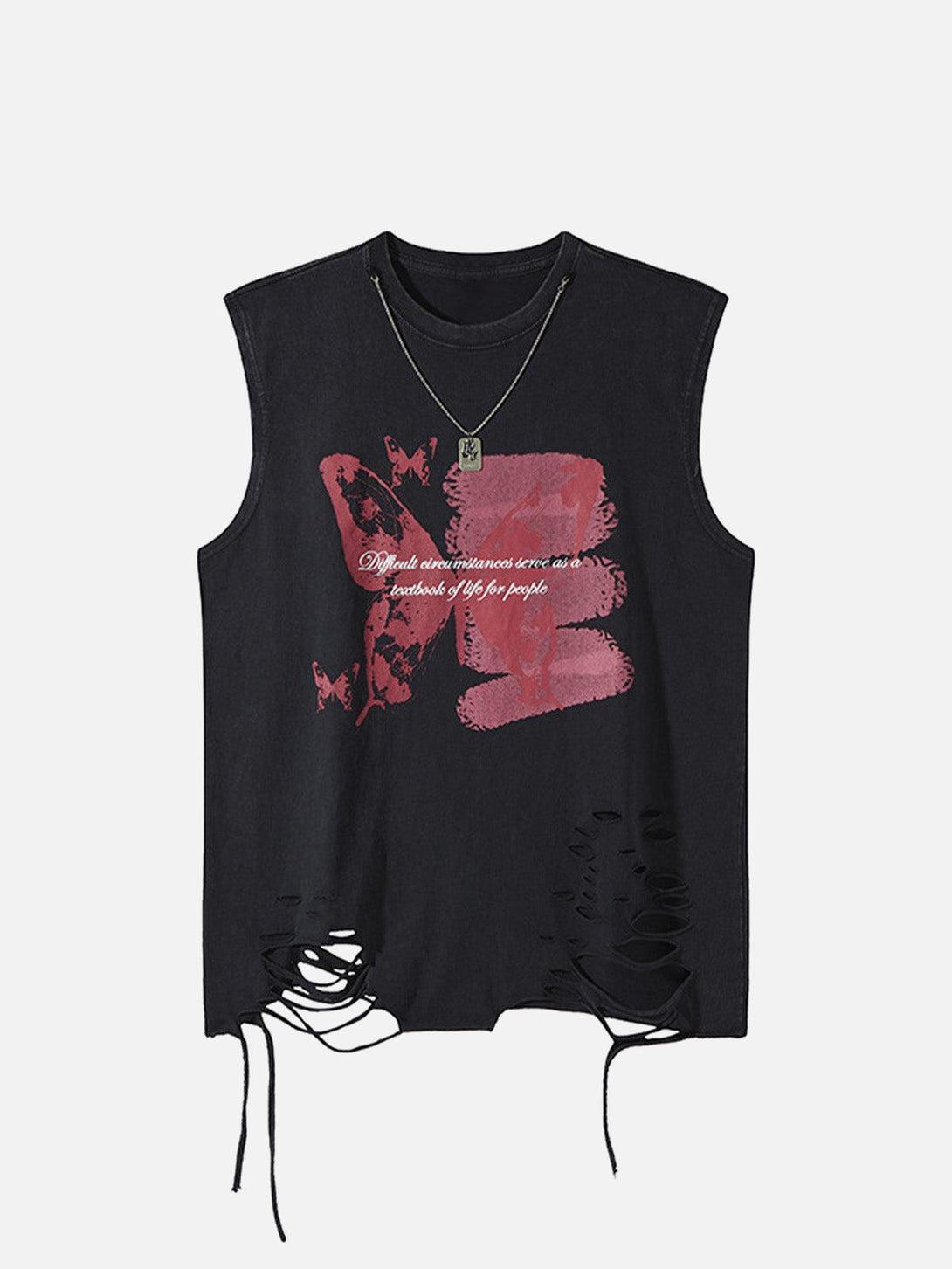 Front view of a black distressed vest with red graffiti and butterfly design by TALISHKO.