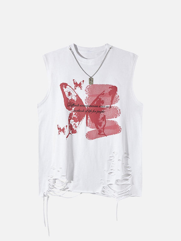 Front view of a white, distressed vest with red graffiti and butterfly design by TALISHKO.