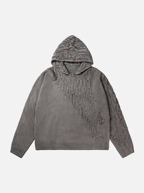 Gray asymmetric knitted sweater hoodie by TALISHKO, front view showcasing unique texture.