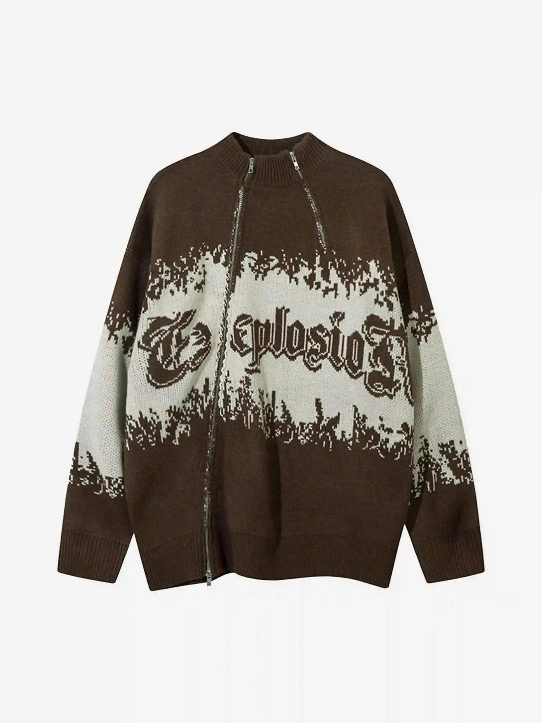 Front view of a brown TALISHKO sweater featuring asymmetric jacquard stitching and a two-way zipper.