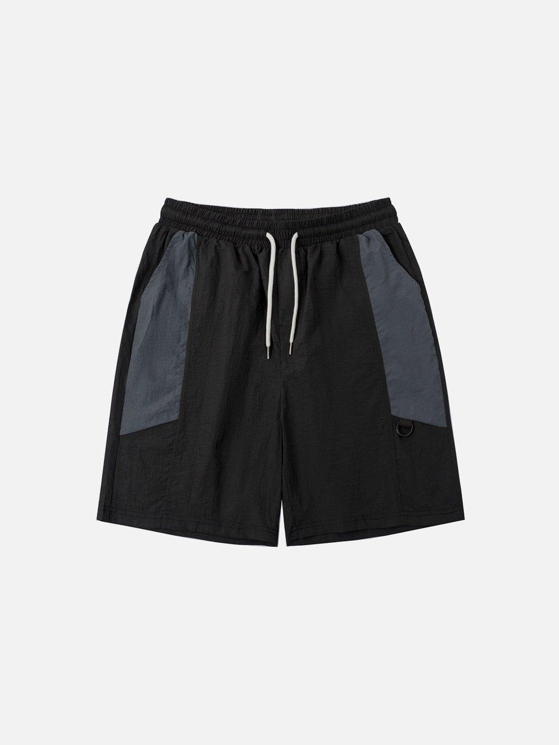 Front view of black patchwork athleisure shorts by TALISHKO, offering a stylish casual look.