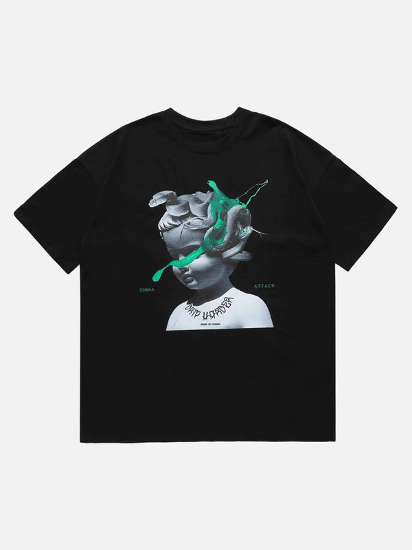 Front view of a black graphic T-shirt by TALISHKO, featuring a bold artistic print.