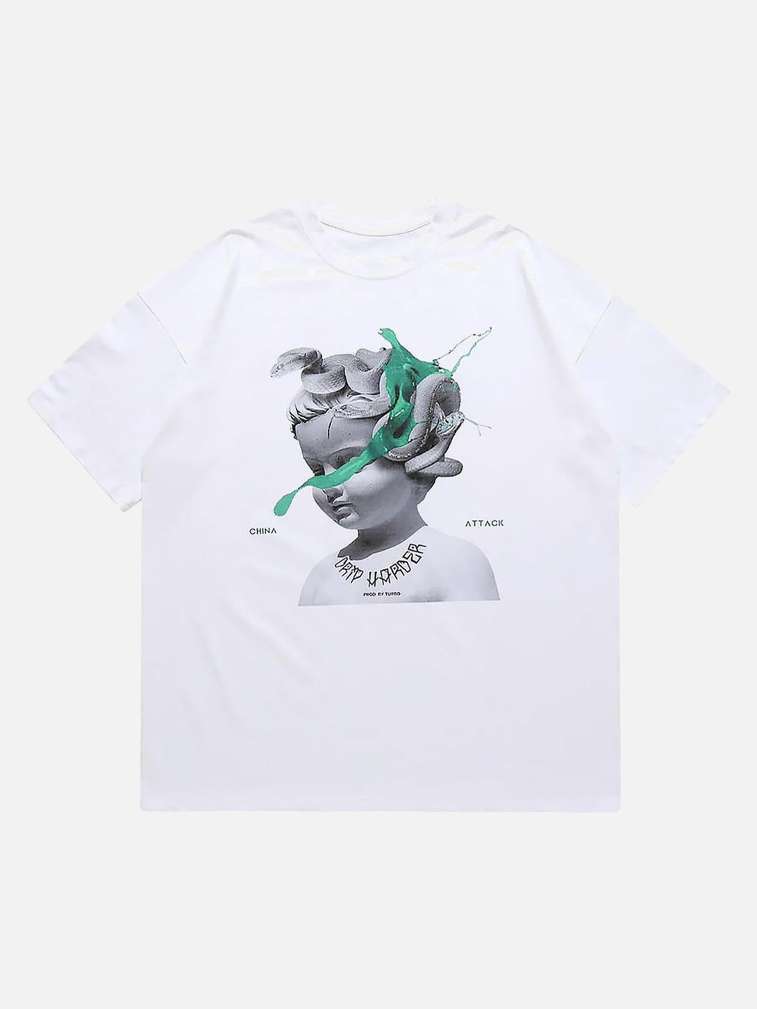 Front view of a white graphic T-shirt by TALISHKO, featuring a unique artistic design.