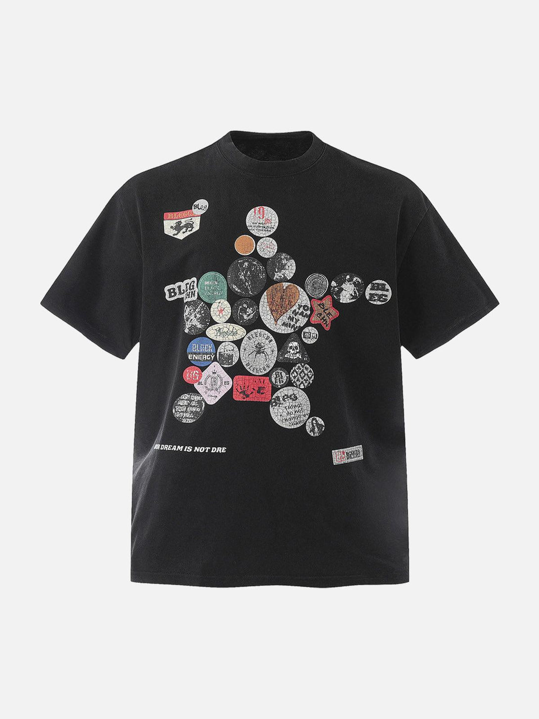 Front view of black TALISHKO T-shirt featuring a unique badge print, ideal for casual outfits.