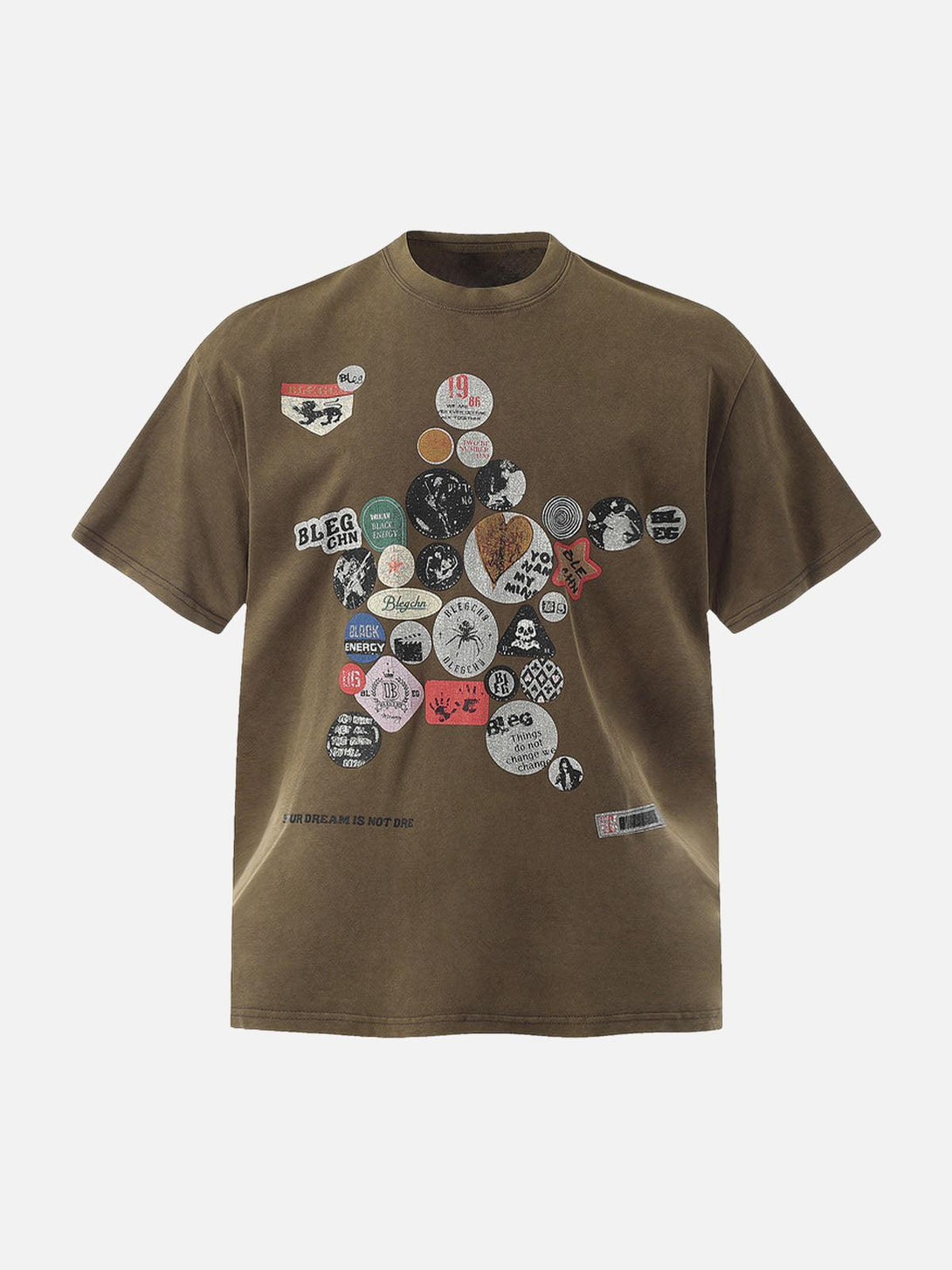 Front view of a brown TALISHKO T-shirt with a unique badge print pattern, perfect for summer style.