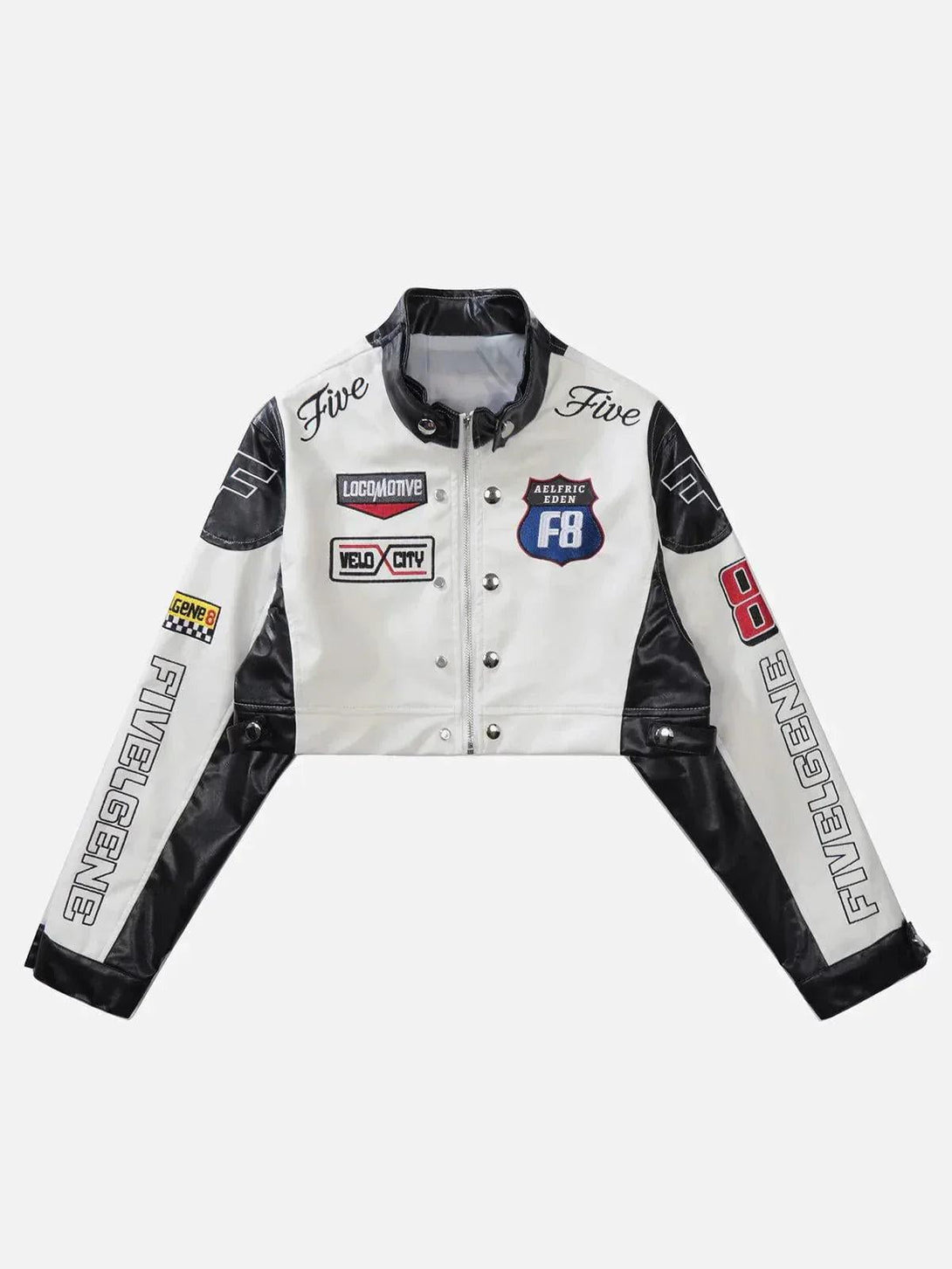 Front view of TALISHKO's black PU leather racing jacket, featuring bold badges and a cropped fit.