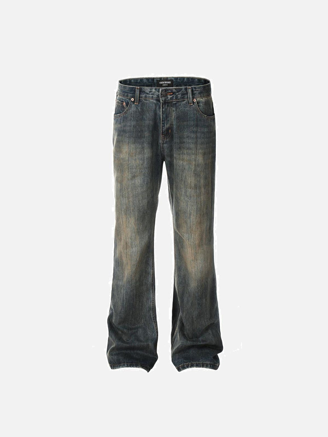 Front view of blue flared jeans by TALISHKO, showcasing a relaxed street-style vibe.