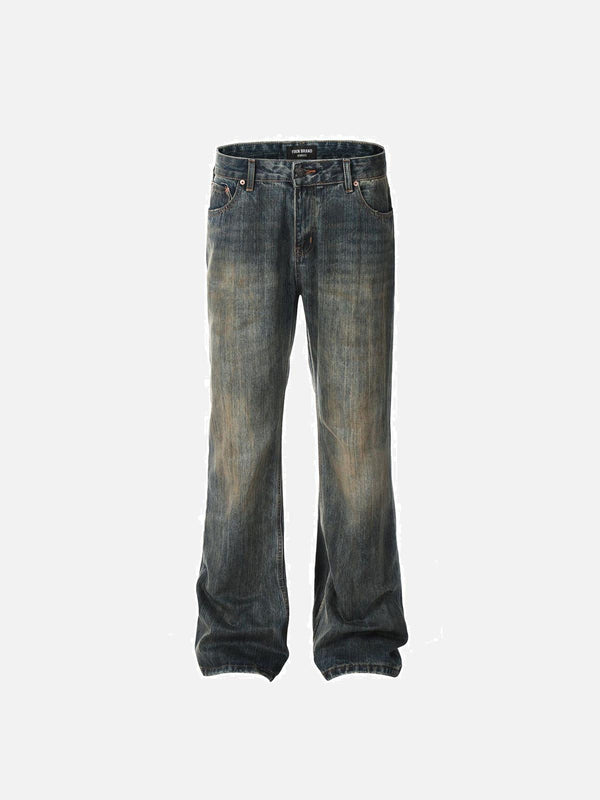 Front view of blue flared jeans by TALISHKO, showcasing a relaxed street-style vibe.
