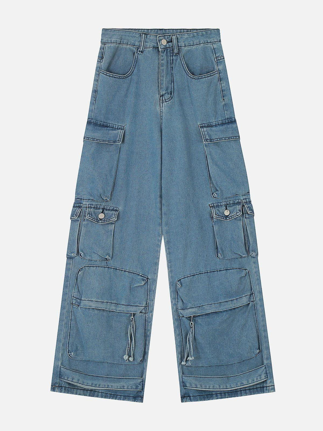 Front view of blue cargo jeans by TALISHKO, featuring a relaxed street style with ample pockets.