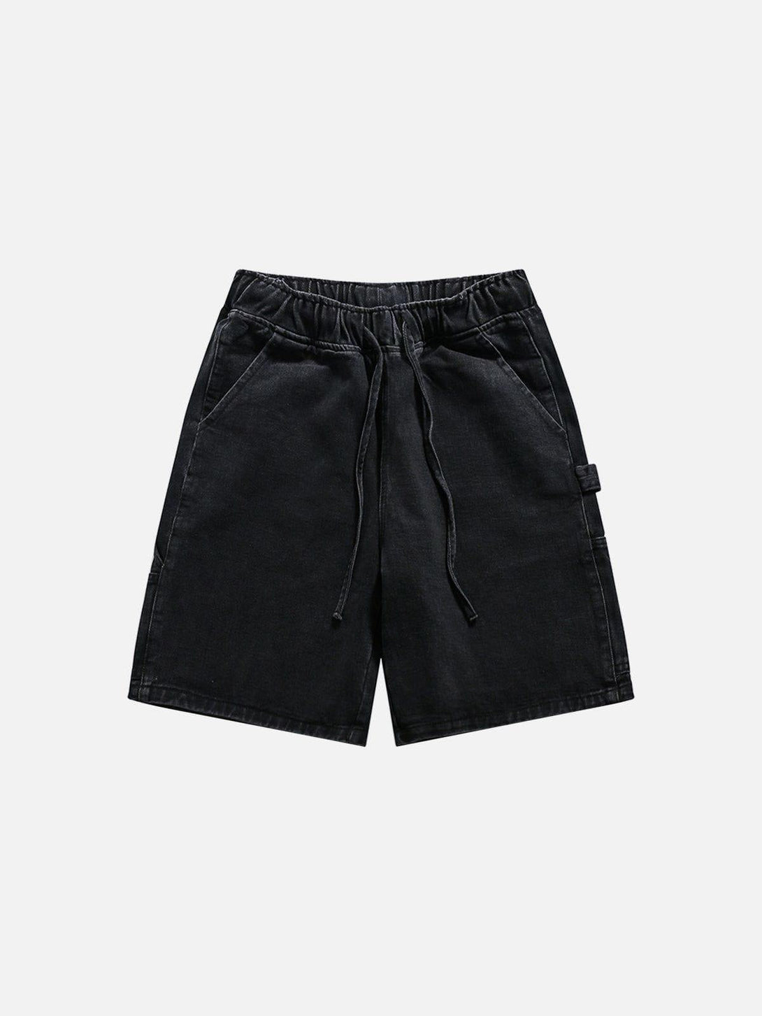 Front view of black drawstring washed jorts by TALISHKO, ideal for effortless summer style.