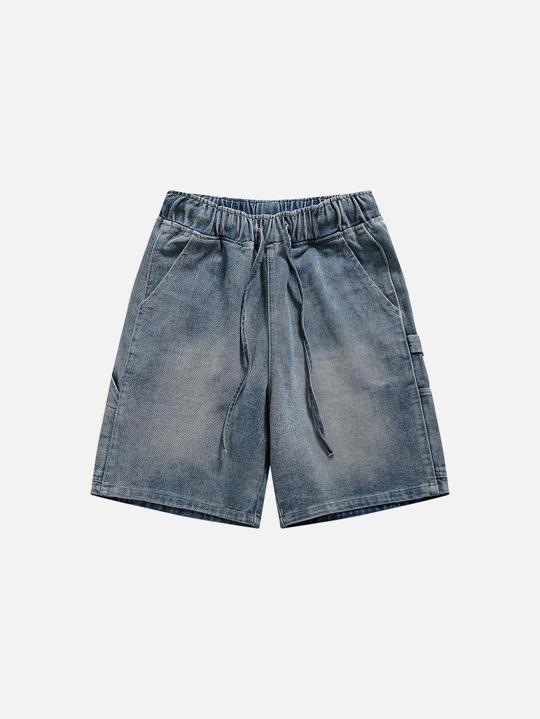 Front view of blue washed jorts featuring a drawstring waist by TALISHKO, perfect for warm days.