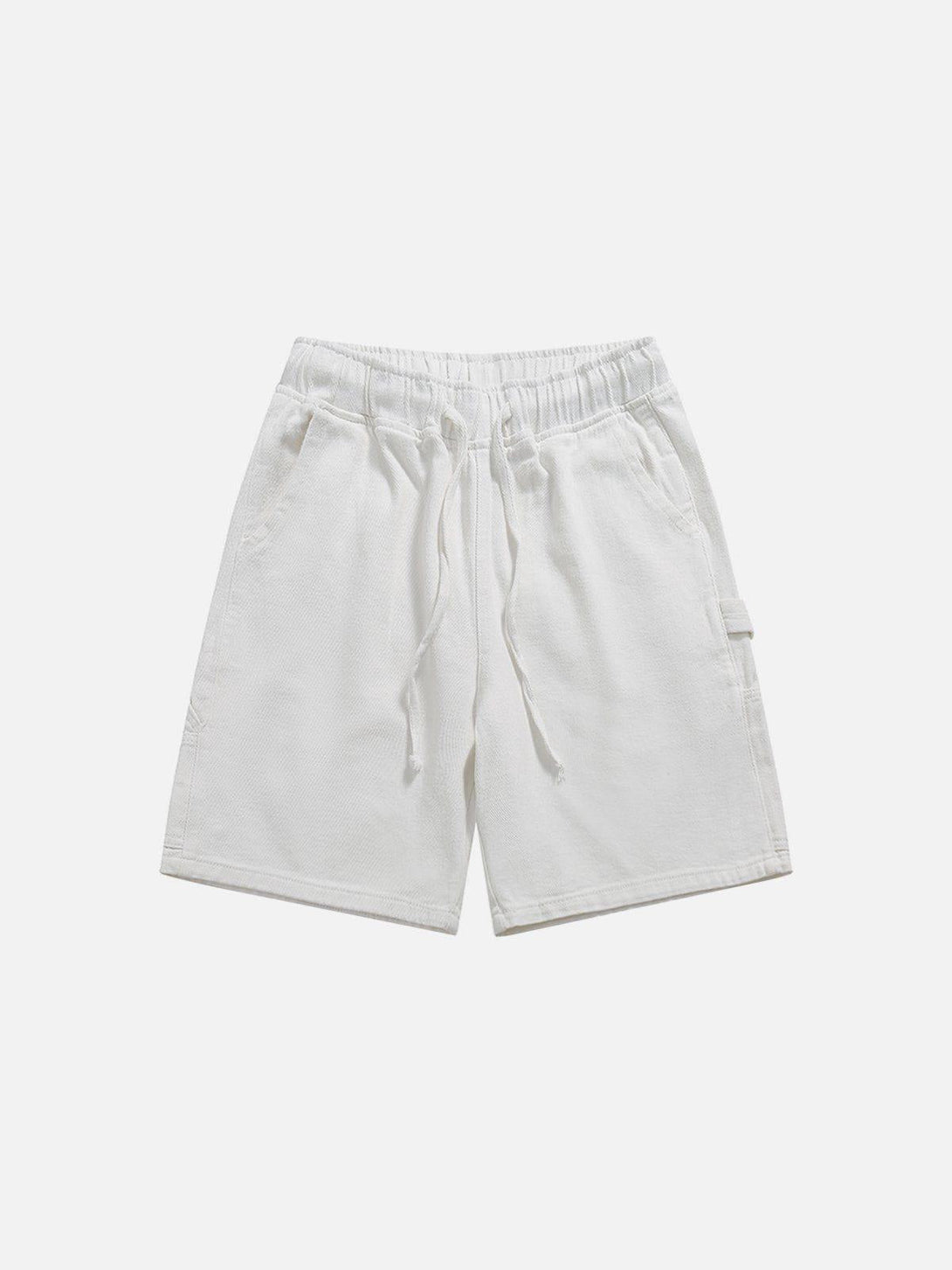 Front view of white washed jorts with drawstring waist, crafted by TALISHKO for casual wear.