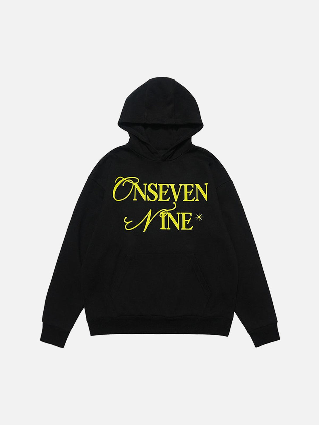 Front view of a black fleece hoodie by TALISHKO, featuring bold yellow lettering for a trendy look.