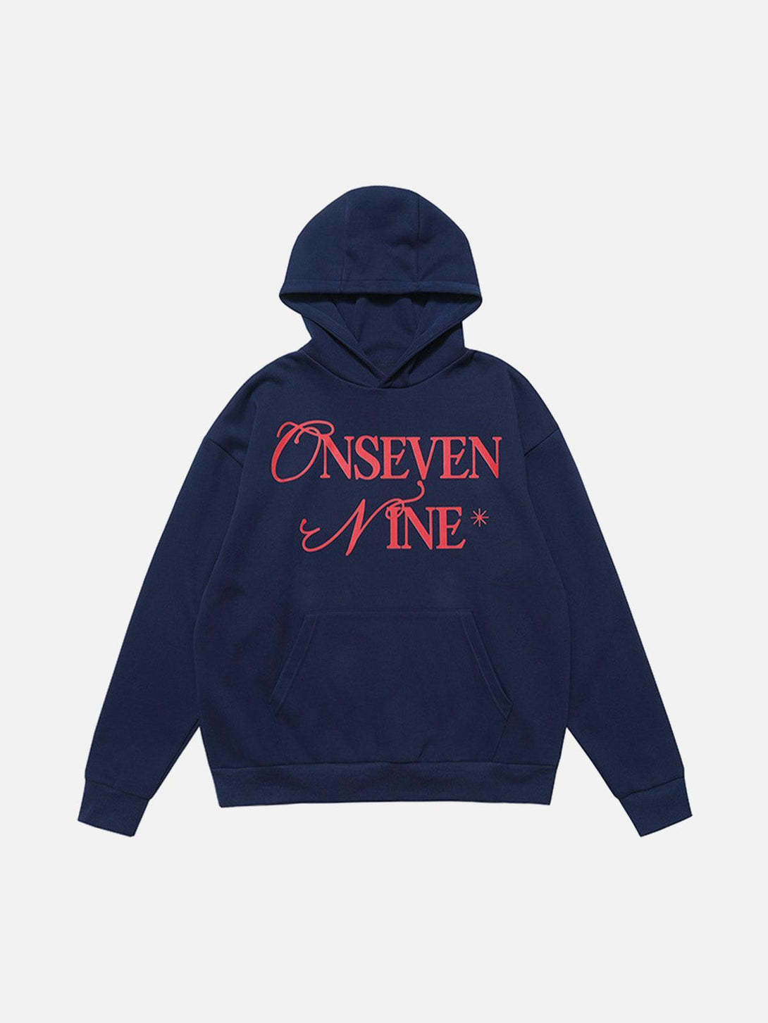 Front view of a blue fleece hoodie by TALISHKO, featuring striking red lettering for urban style.